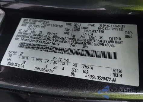 2016 Ford Escape Se from USA, damaged, VIN 1FMCU9GX6GUA71629